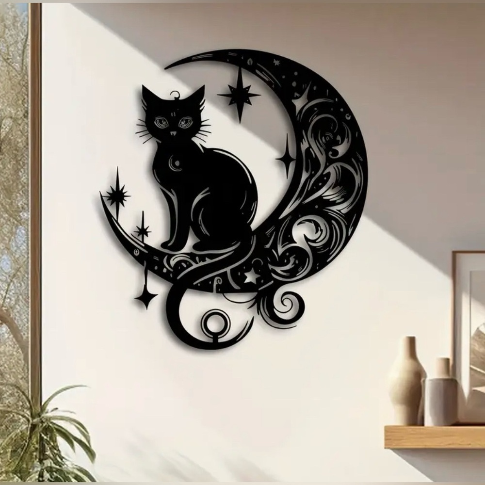 Art Deco Style Cat Sitting on the Moon 2D Flat Acrylic Wall Carving Gothic New - Picture 5 of 9